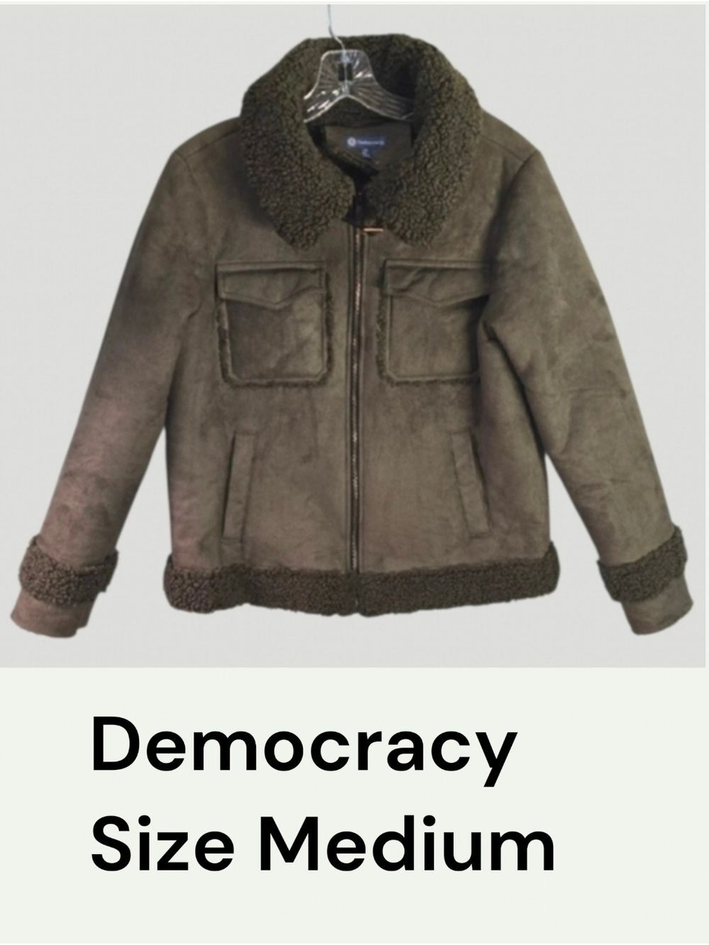 Democracy Jacket Women's Size Medium Olive Green Faux Shearling Zip-Up Jacket